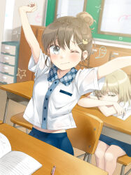 Rule 34 | 2girls, arms up, blue collar, blue skirt, blush, book, breasts, brown hair, buttons, chair, chalkboard, classroom, collar, commentary request, crossed arms, desk, drawer, getabako, grey eyes, hair bun, holding, holding pencil, looking to the side, midriff peek, multiple girls, on chair, open book, original, pencil, plaid collar, pleated skirt, school, sitting, skirt, sleepy, small breasts, solo focus, sparkle, stretching, uniform, unya (unya-unya), wavy mouth, yellow eyes