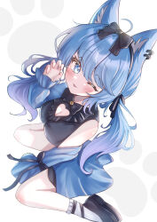 Rule 34 | 1girl, :3, absurdres, ahoge, animal ear fluff, animal ear piercing, animal ears, black bow, black dress, black footwear, black hairband, blue jacket, blush, bow, breasts, cleavage cutout, clothing cutout, commentary request, dress, earrings, fingernails, full body, hair bow, hairband, highres, jacket, jacket partially removed, jewelry, large breasts, long hair, looking at viewer, low twintails, medium bangs, nanashi inc., one eye closed, open mouth, sanada shinka, shoes, sitting, sleeve bow, sleeveless, sleeveless dress, smile, socks, solo, souya ichika, souya ichika (6th costume), twintails, virtual youtuber, wariza, white socks
