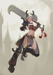 Rule 34 | 1girl, :o, absurdres, armor, bikini armor, boots, breasts, commentary, gauntlets, grey background, grey thighhighs, highres, holding, holding sword, holding weapon, horns, large breasts, looking at viewer, navel, original, over shoulder, pauldrons, pelvic curtain, ponytail, red eyes, short hair, shoulder armor, silver hair, solo, sword, thigh boots, thighhighs, timbougami, unfinished, weapon, weapon over shoulder