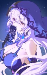 Rule 34 | 1girl, bare shoulders, black swan (honkai: star rail), breasts, card, commentary request, dress, elbow gloves, gloves, highres, holding, holding card, honkai: star rail, honkai (series), large breasts, long hair, purple dress, purple eyes, purple gloves, purple hair, sleeveless, sleeveless dress, solo, upper body, veil, very long hair, yumiluna25