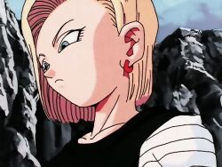 Rule 34 | 1girl, android 18, animated, animated gif, annoyed, blonde hair, day, dragon ball, dragonball z, ear piercing, earrings, frown, jewelry, piercing, solo