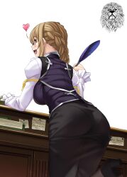 Rule 34 | 1girl, ass, braid, breasts, brown eyes, goblin slayer!, guild girl (goblin slayer!), hair bun, happy, heart, highres, large breasts, legs, long skirt, official art, open mouth, sideboob, skirt, smile, solo, thighs