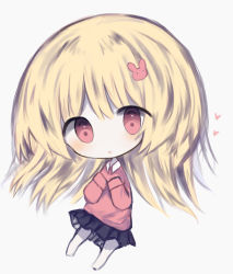 Rule 34 | 1girl, :o, bad id, bad pixiv id, black skirt, blonde hair, blush, brown shirt, chibi, collared shirt, cottontailtokki, full body, grey background, hair between eyes, hair ornament, head tilt, heart, highres, long hair, long sleeves, no shoes, original, pantyhose, parted lips, pleated skirt, rabbit hair ornament, red eyes, shirt, simple background, skirt, sleeves past fingers, sleeves past wrists, solo, very long hair, white pantyhose