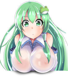 Rule 34 | 1girl, :o, bare shoulders, blush, breasts, commentary request, covered erect nipples, detached sleeves, frog hair ornament, green eyes, green hair, hair between eyes, hair ornament, hair tubes, highres, kochiya sanae, large breasts, long hair, onaho (otayoku), see-through, solo, sweat, touhou, upper body, very long hair, wet, wing collar