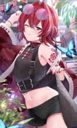 Rule 34 | 1girl, ange katrina, ange katrina (7th costume), arm tattoo, belt, black belt, black shorts, blue butterfly, blue eyes, bug, butterfly, chinese clothes, crop top, eyewear on head, hair intakes, highres, holding, holding clothes, insect, kashiwagi touko, midriff, nijisanji, official alternate costume, one eye closed, red hair, red nails, round eyewear, short hair, shorts, smile, solo, tattoo, virtual youtuber