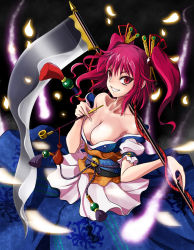 Rule 34 | 1girl, alternate weapon, bare shoulders, breasts, cleavage, coin, dress, female focus, hair bobbles, hair ornament, highres, kiseru, large breasts, obi, off shoulder, onozuka komachi, smoking pipe, red eyes, red hair, sash, scythe, shinebell, short hair, short twintails, smile, solo, touhou, twintails, two side up, weapon