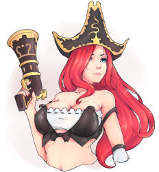 Rule 34 | 1girl, bandeau, bare shoulders, bikini, bikini top only, black bikini, blue eyes, breasts, cleavage, cropped torso, dulapda, covered erect nipples, gun, handgun, hat, highres, holding, holding gun, holding weapon, large breasts, league of legends, lips, long hair, looking away, looking to the side, nail polish, navel, pink lips, pink nails, pirate hat, pistol, red hair, ribbon trim, miss fortune (league of legends), solo, strap slip, swimsuit, upper body, very long hair, weapon, white background