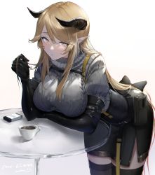 Rule 34 | 1girl, absurdres, arknights, blush, breast rest, breasts, brown hair, cigarette pack, closed mouth, coffee, commentary, cup, demon girl, demon horns, elbow gloves, gloves, highres, horns, long hair, maho (drmaho1), meteorite (arknights), pencil skirt, playing with own hair, pointy ears, skirt, solo, sweater, teacup, thighhighs, very long hair, yellow eyes