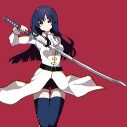 Rule 34 | 1girl, arm behind back, ascot, belt, black hair, blue thighhighs, blurry, cowboy shot, depth of field, gintama, head tilt, highres, holding, holding weapon, imai nobume, katana, long hair, looking at viewer, military, military uniform, red background, red eyes, short shorts, shorts, solo, standing, sword, takae (poupee en biscuit), thighhighs, thighs, tsuba (guard), tsuka-ito, tsuka (handle), uniform, weapon