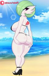 Rule 34 | 1girl, absurdres, ass, bare arms, bare shoulders, beach, bikini, black bikini, black footwear, blue sky, breasts, closed mouth, colored skin, creatures (company), day, from behind, full body, game freak, gardevoir, gen 3 pokemon, green hair, high heels, highres, large breasts, looking back, nintendo, ocean, outdoors, pink eyes, pokemon, pokemon (creature), raydonxd, short hair, sky, smile, solo, standing, swimsuit, toes, white skin