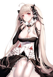 Rule 34 | 1girl, ahoge, arm support, azur lane, bare shoulders, between breasts, black dress, blush, breasts, cleavage, dress, earrings, finger to mouth, formidable (azur lane), frilled dress, frills, grey hair, hair ribbon, highres, jewelry, large breasts, long hair, long sleeves, looking at viewer, pantyhose, parted lips, paya (aejx2345), red eyes, ribbon, simple background, sitting, solo, twintails, two-tone dress, two-tone ribbon, very long hair, white background, white pantyhose