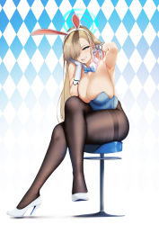 Rule 34 | 1girl, animal ears, armpits, asuna (blue archive), asuna (bunny) (blue archive), bare shoulders, black pantyhose, blue archive, blue bow, blue bowtie, blue eyes, blue leotard, blueorca, bow, bowtie, breasts, cleavage, commentary, crossed legs, detached collar, fake animal ears, full body, gloves, gradient background, grin, hair over one eye, halo, hand in own hair, hand on own cheek, hand on own face, high heels, highres, large breasts, leotard, light brown hair, long hair, looking at viewer, mole, mole on breast, pantyhose, parted lips, patterned background, playboy bunny, rabbit ears, sitting, smile, solo, stool, teeth, thighs, traditional bowtie, white footwear, white gloves