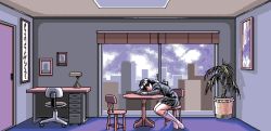 Rule 34 | 1990s (style), 1girl, 4bpp, akiko gold, aliasing, black hair, building, ceiling, chair, city, cloud, day, desk, door, endou maiko, flower pot, full body, game cg, indoors, legs together, long hair, no shoes, office chair, omdpprs, pc98, plant, potted plant, retro artstyle, school uniform, sky, socks, swivel chair, table, window, window blinds, yamamoto masafumi