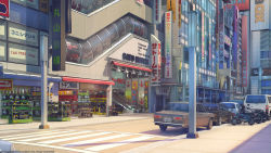 Rule 34 | akihabara (tokyo), arsenixc, artist name, city, commentary, crosswalk, day, escalator, game cg, highres, lamppost, love money rock&#039;n&#039;roll, motor vehicle, motorcycle, no humans, official art, official wallpaper, original, real world location, road, scenery, sign, storefront, street, watermark