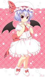 Rule 34 | 1girl, ascot, bat wings, blue hair, dress, hat, hat ribbon, highres, looking at viewer, mob cap, pila-pela, pink eyes, puffy short sleeves, puffy sleeves, remilia scarlet, ribbon, sash, short sleeves, smile, solo, star (symbol), touhou, white dress, wings, wrist cuffs
