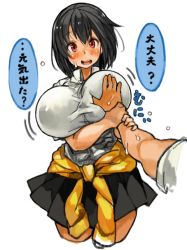 Rule 34 | 1girl, black hair, black skirt, blush, grabbing another&#039;s breast, breasts, clothes around waist, collared shirt, covered erect nipples, daijoubu? oppai momu?, dress shirt, grabbing, guided breast grab, guiding hand, huge breasts, looking at viewer, miniskirt, open mouth, perky breasts, pink eyes, pleated skirt, pov, sachito, school uniform, shameimaru aya, shirt, short hair, simple background, skirt, solo focus, touhou, white background, white shirt