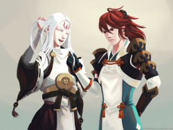 Rule 34 | 2boys, ahoge, arm behind back, closed eyes, cowboy shot, fire emblem, fire emblem fates, hair between eyes, hand in own hair, holding, holding own hair, izana (fire emblem), japanese clothes, long hair, male focus, multiple boys, nintendo, painting (medium), ponytail, red hair, simple background, smile, subaki (fire emblem), traditional media, watercolor (medium), watermark, web address, white hair