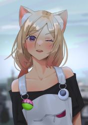 Rule 34 | 1girl, aki rosenthal, aki rosenthal (gaming casual), animal ear fluff, animal ears, black shirt, blonde hair, blurry, blurry background, blush, cat ears, collarbone, gradient hair, highres, hololive, mechjunk, multicolored hair, off-shoulder shirt, off shoulder, one eye closed, overalls, pink hair, purple eyes, shirt, short sleeves, solo, upper body, virtual youtuber, white overalls
