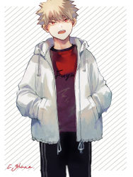 Rule 34 | 1boy, adcalcium, bakugou katsuki, black pants, blonde hair, boku no hero academia, clothes writing, commentary request, hands in pockets, highres, jacket, long sleeves, looking at viewer, male focus, open clothes, open jacket, open mouth, pants, red eyes, red shirt, shirt, short hair, signature, simple background, solo, spiked hair, standing, white background, white jacket