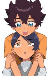 Rule 34 | 2boys, :d, aged down, blue eyes, blue hair, blush, brothers, brown hair, child, chin rest, collared shirt, commentary request, guel jeturk, gundam, gundam suisei no majo, hair between eyes, head on head, head rest, highres, kujira (matuyoi1412), lauda neill, long sleeves, looking at another, male focus, multiple boys, open mouth, shirt, short hair, siblings, simple background, smile, t-shirt, upper body, vest, white background, white shirt, yellow shirt