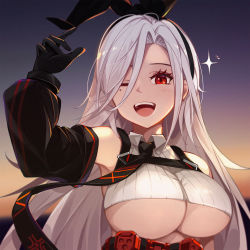 Rule 34 | 1girl, ;d, absurdres, arm up, armpits, azur lane, bare shoulders, black gloves, black hairband, black necktie, black sleeves, blush, breasts, collared shirt, commentary request, crop top, detached sleeves, eyebrows hidden by hair, gloves, hair between eyes, hairband, highres, iron blood (emblem), korean commentary, large breasts, long hair, looking at viewer, mixed-language commentary, mole, mole under eye, necktie, one eye closed, open mouth, parted bangs, prinz heinrich (azur lane), rabe26k, red eyes, ribbed shirt, shirt, sidelocks, smile, solo, sparkle, sunset, teeth, underboob, upper body, upper teeth only, very long hair, white hair