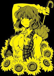 Rule 34 | 1girl, ascot, breasts, cleavage, closed umbrella, female focus, flower, kazami yuuka, large breasts, macaroni and cheese (artist), monochrome, open clothes, open shirt, parasol, plaid, plaid vest, shirt, short hair, smile, solo, sunflower, touhou, umbrella, vest, yellow theme