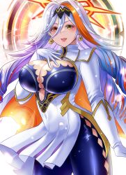 1girl absurdres akimiiiii arm_up baldr_(fire_emblem_heroes) breasts cape center_opening cleavage earrings elbow_gloves fire_emblem fire_emblem_heroes gloves hand_on_own_chest heterochromia highres huge_breasts jewelry long_hair looking_at_viewer multicolored_hair nintendo orange_cape orange_hair solo two-tone_cape two-tone_hair white_cape white_gloves white_hair