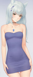 Rule 34 | 1girl, absurdres, animal ear fluff, animal ears, arms at sides, bare shoulders, braid, cat ears, chest jewel, dress, grey background, grey hair, hands on own hips, highres, light blush, long hair, looking at viewer, mio (xenoblade), miura-n315, official alternate costume, paid reward available, purple nails, single braid, solo, strapless, strapless dress, thigh gap, tight clothes, tight dress, xenoblade chronicles (series), xenoblade chronicles 3, yellow eyes