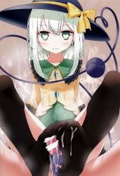 Rule 34 | 1girl, black thighhighs, breath, censored, cum, cum on body, cum on lower body, eyeball, feet, footjob, green eyes, green hair, hat, hat ribbon, heart, heart-shaped pupils, heart of string, highres, komeiji koishi, long sleeves, looking at viewer, no shoes, non-web source, oouso, penis, ribbon, scan, shirt, short hair, simple background, skirt, smile, spread legs, string, sweat, symbol-shaped pupils, thighhighs, third eye, touhou, vest, wide sleeves