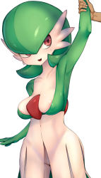 Rule 34 | 1girl, areola slip, arm grab, arm up, armpits, blush, breasts, collarbone, colored skin, covered erect nipples, cowboy shot, creatures (company), disembodied hand, female focus, game freak, gardevoir, gen 3 pokemon, green hair, green skin, hair between eyes, happy, highres, kashu (hizake), large breasts, looking to the side, multicolored skin, navel, nintendo, open mouth, pokemon, pokemon (creature), red eyes, shiny skin, short hair, simple background, skindentation, smile, solo, standing, sweat, teeth, two-tone skin, white background, white skin