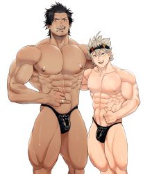 Rule 34 | 2boys, abs, asta (black clover), bara, black clover, black hair, black headband, black male underwear, bolloxxxz, brown eyes, bulge, cigarette, commission, facial hair, grey hair, headband, height difference, highres, jewelry, large pectorals, looking at viewer, male focus, male underwear, multiple boys, muscular, muscular male, navel, nipples, open mouth, pectorals, ring, short hair, size difference, smile, stubble, thick thighs, thighs, thong, thumbs up, underwear, yami sukehiro