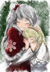 Rule 34 | 2girls, age difference, alice margatroid, blonde hair, blush, capelet, closed eyes, female focus, fur trim, grey hair, hair bobbles, hair ornament, hairband, hand on another&#039;s cheek, hand on another&#039;s chest, hand on another&#039;s face, highres, holly, hug, long hair, mother and daughter, multiple girls, mystic square, shinki (touhou), short hair, side ponytail, smile, snowflakes, touhou, touhou (pc-98), yange