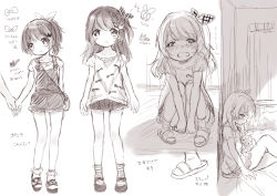 Rule 34 | 2girls, blush, bow, child, copyright request, crying, hair ornament, heart, holding hands, kona (canaria), looking at viewer, monochrome, multiple girls, open mouth, shirt, short hair, sitting, sketch, smile, squatting, tears