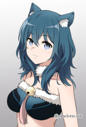 Rule 34 | 1girl, alternate costume, animal ear fluff, animal ears, bandeau, bare shoulders, bell, blue eyes, blue hair, breasts, byleth (female) (fire emblem), byleth (fire emblem), cat ears, commentary request, fire emblem, fire emblem: three houses, fur trim, gradient background, grey background, jingle bell, komurice, large breasts, long hair, looking at viewer, midriff, nintendo, revision, solo, strapless, tube top, upper body