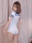 Rule 34 | 1girl, animated, asian, ass, bent over, blush, bodysuit, breasts, brown hair, censored, dancing, from behind, japanese (nationality), leotard, looking at viewer, photo (medium), sailor, serafuku, solo, source request, tagme, thigh gap, thighs, video