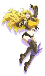 Rule 34 | 1girl, absurdres, adapted costume, black footwear, blonde hair, boots, breasts, clenched hand, commission, crop top, cropped jacket, eudetenis, fang, fingerless gloves, fist pump, floating hair, full body, gloves, graphite (medium), highres, impossible clothes, jumping, large breasts, leg ribbon, long hair, midriff, navel, purple eyes, purple thighhighs, ribbon, rwby, short shorts, shorts, solo, thigh boots, thighhighs, thighhighs under boots, traditional media, very long hair, yang xiao long