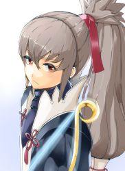 Rule 34 | 1boy, arerecle2, bow (weapon), collar, fire emblem, fire emblem fates, grey hair, long hair, looking at viewer, male focus, nintendo, ponytail, red eyes, solo, takumi (fire emblem), weapon, yumi (bow)