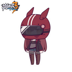 Rule 34 | 1girl, black jacket, blue shorts, boots, breasts, brown footwear, brown hair, chibi, cleavage, closed mouth, copyright name, covered navel, cross-laced footwear, denim, denim shorts, eden (honkai impact), eta, fishnets, full body, hair between eyes, helmet, honkai (series), honkai impact 3rd, jacket, lace-up boots, long sleeves, looking at viewer, motorcycle helmet, open clothes, open jacket, pantyhose, puffy long sleeves, puffy sleeves, red headwear, short shorts, shorts, simple background, small breasts, smile, solo, standing, thigh boots, white background, yellow eyes