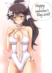 Rule 34 | 1girl, 2018, absurdres, azur lane, black hair, breasts, casual one-piece swimsuit, choker, cleavage, clothing cutout, collarbone, cowboy shot, flower, hair flaps, hair flower, hair ornament, hair ribbon, hand on own chest, highres, large breasts, navel cutout, one-piece swimsuit, parted lips, ponytail, ribbon, sawwei005, side-tie one-piece swimsuit, solo, swimsuit, takao (azur lane), takao (beach rhapsody) (azur lane), valentine, white choker, white flower, white one-piece swimsuit, white ribbon