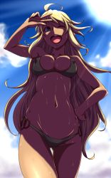 Rule 34 | 1girl, ;d, ahoge, bikini, blonde hair, breasts, clearite, cleavage, cloud, covered erect nipples, day, groin, hand on own hip, hip focus, hoshii miki, idolmaster, idolmaster (classic), long hair, medium breasts, navel, o-ring, o-ring bottom, one eye closed, open mouth, shade, skindentation, sky, smile, solo, sun, sweat, swimsuit, thigh gap, thighs, toned, v, v over eye, wink