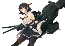 Rule 34 | 10s, 1girl, black hair, blockhead bh, boots, detached sleeves, glasses, hair ornament, hairband, kantai collection, kirishima (kancolle), nontraditional miko, pantyhose, short hair, solo, thigh boots, thighhighs, traditional media, turret, white background
