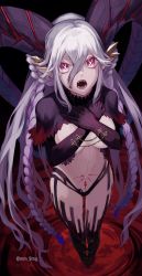 Rule 34 | 1girl, absurdres, covering privates, covering breasts, fangs, fate/grand order, fate (series), highres, horns, long hair, mg (ehme3725), open mouth, pink eyes, solo, stomach tattoo, symbol-shaped pupils, tattoo, tiamat (fate), very long hair, white hair, x-shaped pupils