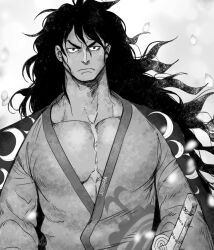 Rule 34 | 1boy, abs, aged up, artist name, black hair, closed mouth, highres, japanese clothes, katana, kimono, kouzuki momonosuke, long hair, looking at viewer, male focus, monochrome, one piece, open clothes, solo, suyohara, sword, traditional clothes, v-shaped eyebrows, weapon