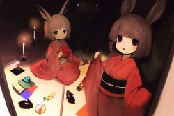 Rule 34 | 2girls, animal, animal ears, ball, brown hair, rabbit, candle, closed mouth, empty eyes, fire, highres, holding, holding ball, indoors, japanese clothes, kimono, long sleeves, looking at viewer, multiple girls, obi, origami, original, parted lips, pinching sleeves, pinwheel, rabbit ears, red eyes, red kimono, red lips, revision, sash, seiza, shirokujira, short eyebrows, short hair, sitting, sleeves past wrists, standing, thick eyebrows