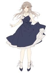 Rule 34 | 1girl, bare arms, black dress, black footwear, blush, breasts, brown eyes, brown hair, cleavage, collarbone, commentary request, dress, floating hair, full body, highres, long hair, mochizuki shiina, original, shoes, simple background, skirt hold, sleeveless, sleeveless dress, small breasts, solo, standing, very long hair, white background