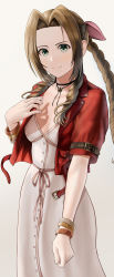 Rule 34 | 1girl, absurdres, aerith gainsborough, black ribbon, bow, bracelet, braid, breasts, brown hair, cleavage, closed mouth, dress, final fantasy, final fantasy vii, green eyes, hair bow, hair intakes, highres, jacket, jewelry, konbanwa01, long hair, looking at viewer, neck ribbon, open clothes, open jacket, pink bow, red jacket, ribbon, short sleeves, small breasts, smile, solo, standing, white dress