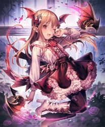 Rule 34 | 1girl, :d, artist request, bat (animal), brown hair, cygames, earrings, fang, flower, frilled skirt, frills, hair ornament, hand on own face, head wings, high heels, jewelry, long hair, looking at viewer, official art, one eye closed, open mouth, pointy ears, red eyes, rose, shadowverse, shingeki no bahamut, skirt, smile, solo, thorns, vampire, vampy, wings