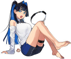 Rule 34 | 1girl, arm support, bare shoulders, barefoot, black hair, blue eyes, blue hair, blue nails, blue shorts, blunt bangs, blunt ends, blush, breasts, center-flap bangs, coat, colored inner hair, commentary, detached sleeves, dolphin shorts, ear piercing, eus ing, full body, hair intakes, hololive, hololive english, invisible chair, knees up, large breasts, long hair, long sleeves, looking at viewer, multicolored hair, nail polish, nanashi mumei (owl), official alternate costume, open mouth, ouro kronii, ouro kronii (casual), piercing, ponytail, ring-con, shirt, shorts, sidelocks, simple background, sitting, sleeveless, sleeveless turtleneck, solo, toenail polish, toenails, turtleneck, two-sided coat, two-sided fabric, virtual youtuber, white background, white shirt