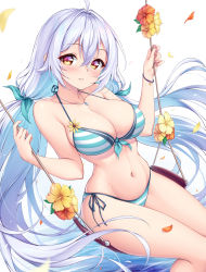 Rule 34 | 1girl, ahoge, autumn leaves, bare arms, bare legs, bare shoulders, bikini, blue hair, breasts, brown eyes, cleavage, collarbone, commentary, cu-no, english commentary, falling leaves, female focus, flower, green hair, hair between eyes, hair blowing, hair ribbon, highres, ivenglynn, jewelry, large breasts, leaf, long hair, looking at viewer, multicolored hair, nail polish, navel, necklace, parted lips, rapua qive, ribbon, sidelocks, silver hair, simple background, sitting, smile, solo, striped bikini, striped clothes, swimsuit, swing, teeth, thighs, twintails, very long hair, water, white background