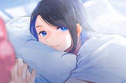 Rule 34 | 1girl, black hair, blue eyes, blue hair, blurry, blurry foreground, closed mouth, depth of field, highres, interlocked fingers, kawaoka sachio, looking at viewer, multicolored hair, original, own hands clasped, own hands together, pillow, shirt, short sleeves, solo, two-tone hair, upper body, white shirt